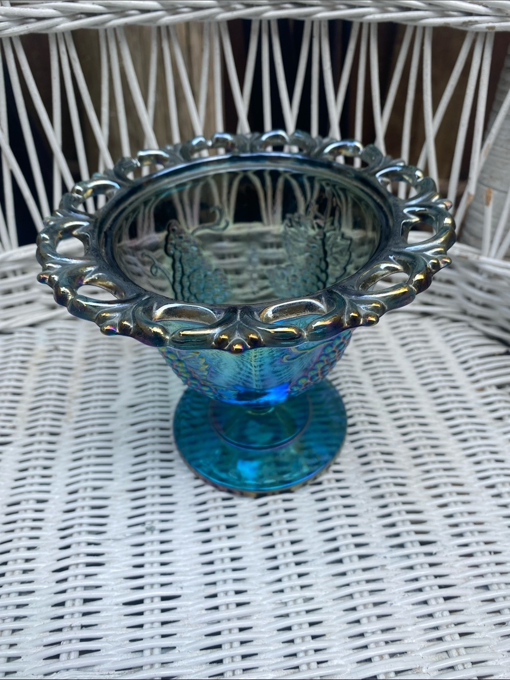 Vintage  Indiana Glass Blue Carnival Glass Pedestal Candy Dish Harvest Grape